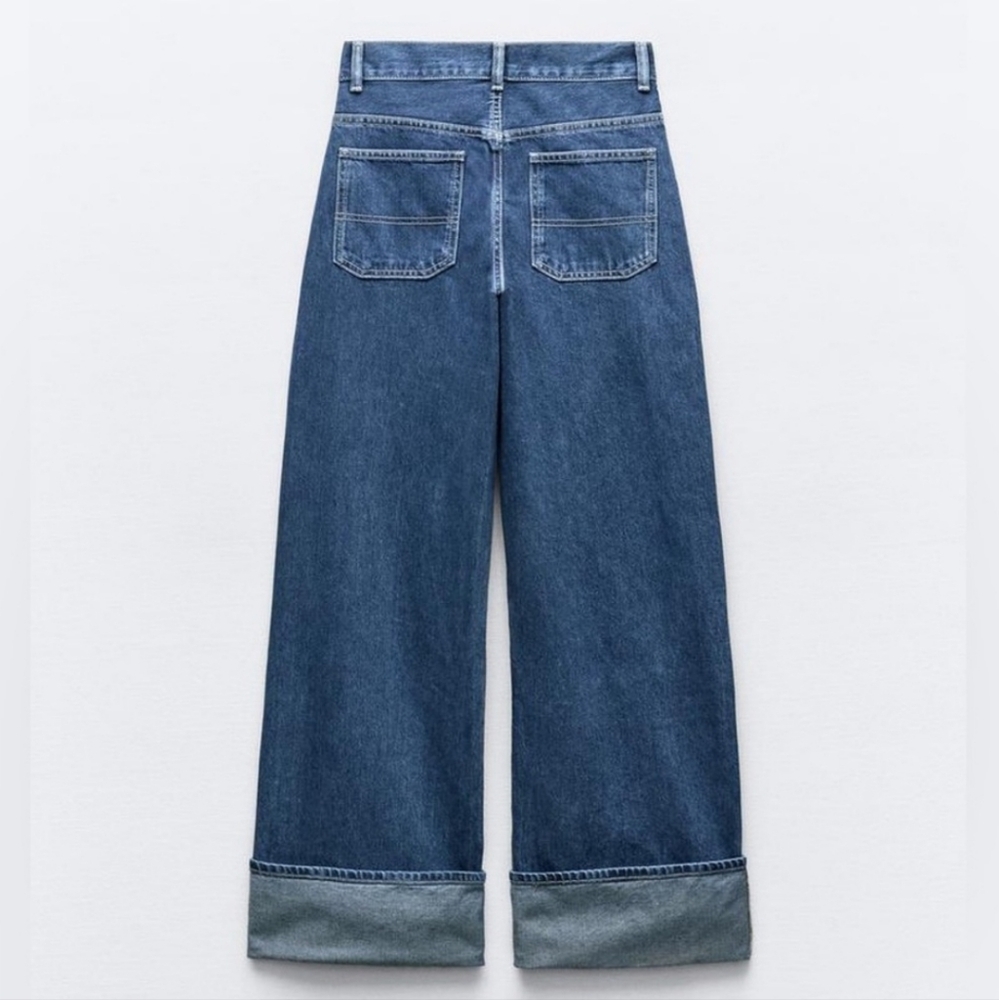 Zara WIDE LEG HIGH WAIST TURNED UP JEANS Blue - Picture 12 of 16